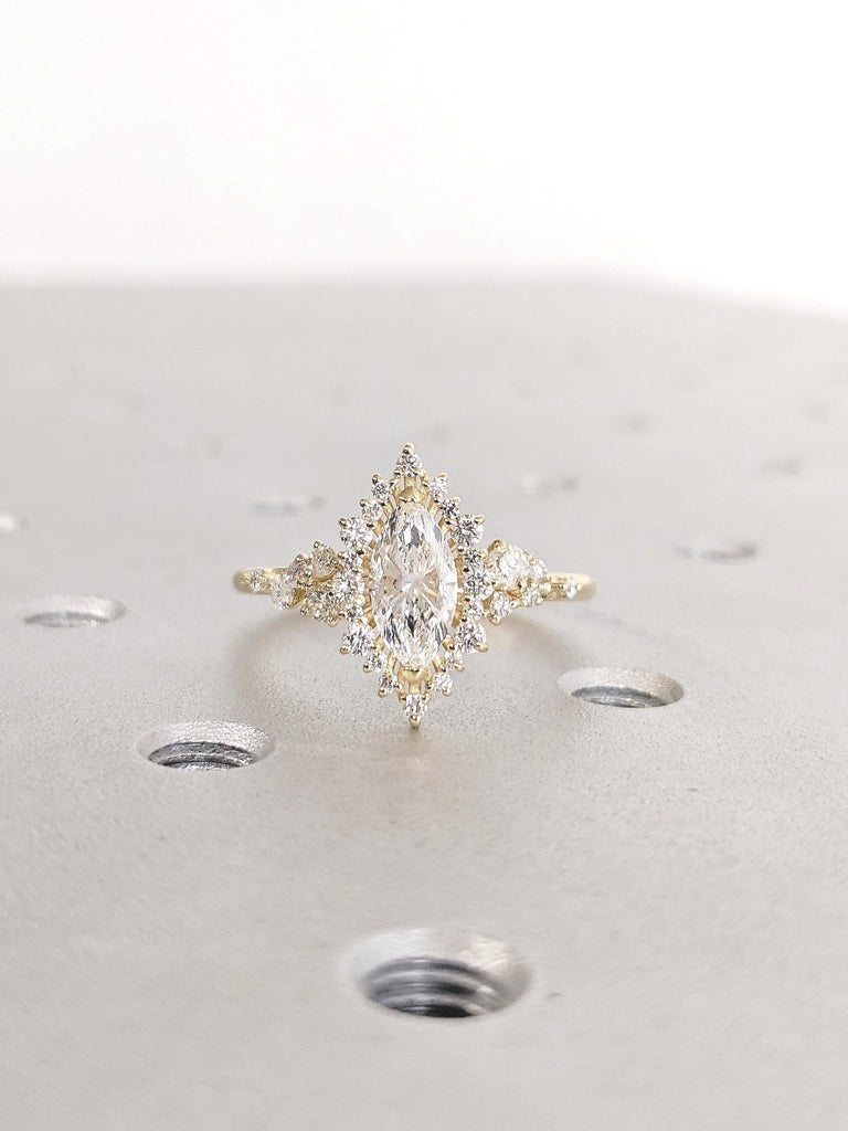 14K Yellow Gold Lab Grown Diamond Ring, Sunburst Halo Engagement Ring, Diamond Cluster Ring
