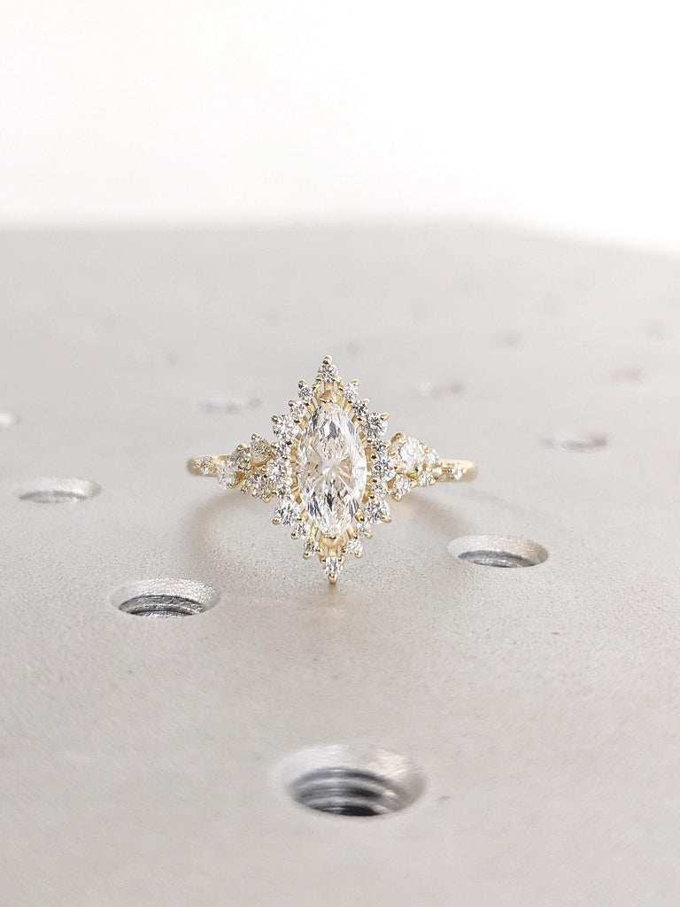 Marquise Lab Grown Diamond Engagement Ring, 14k Solid Gold Statement Ring, Diamond Halo Ring, Sunburst Diamond Cluster Ring, Handmade Rings image #10