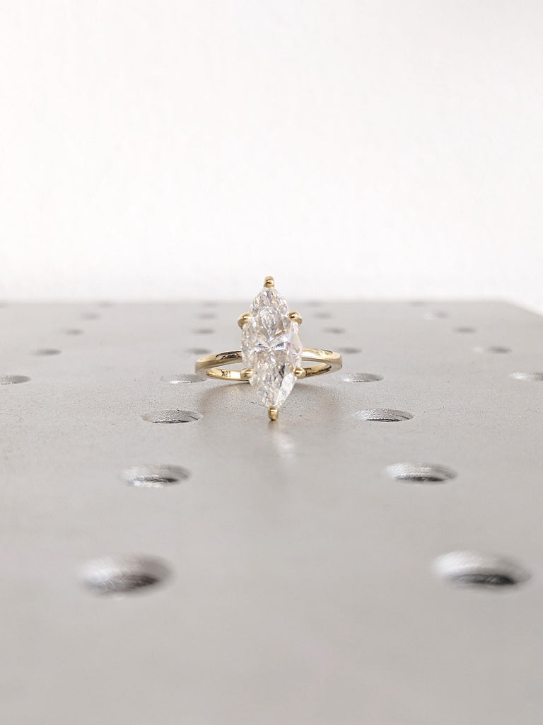 Vintage Lab Created Diamond Ring, Marquise Engagement Ring, Big Statement Ring, Hidden Halo Ring, Dainty 18k Gold Ring, Promise Ring for Her image #7