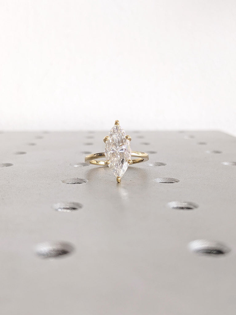 Vintage Lab Created Diamond Ring, Marquise Engagement Ring, Big Statement Ring, Hidden Halo Ring, Dainty 18k Gold Ring, Promise Ring for Her