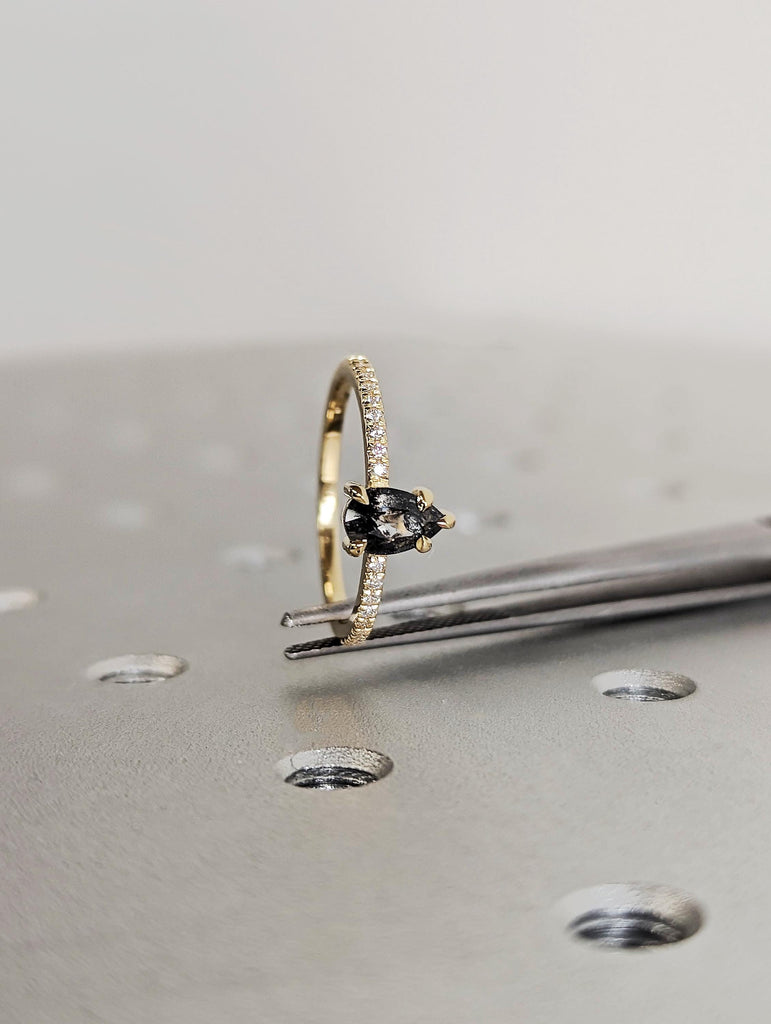 Vintage Raw Salt and Pepper Diamond Engagement Ring, 14K Solid Yellow Gold Pear Cut Diamond Wedding Ring, Unique Anniversary Ring For Her