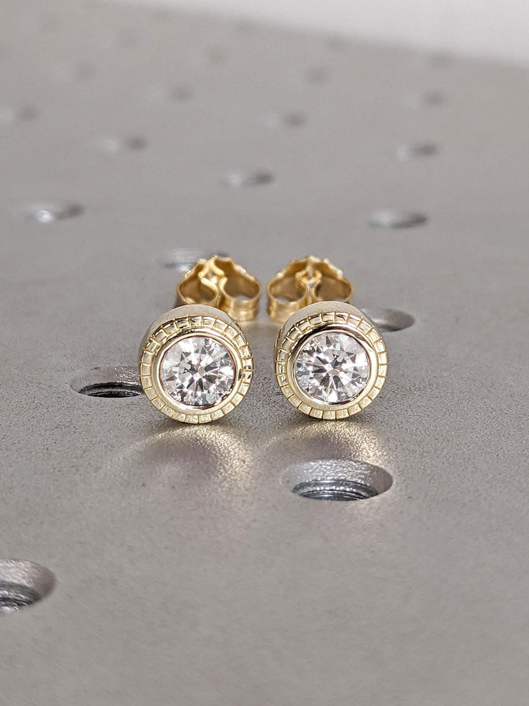 VVS Moissanite Stud Earrings | 14k Yellow Gold Round Solitaire Earrings | Bezel set Woman Earrings | Everyday Wear Moissanite Earrings Gift