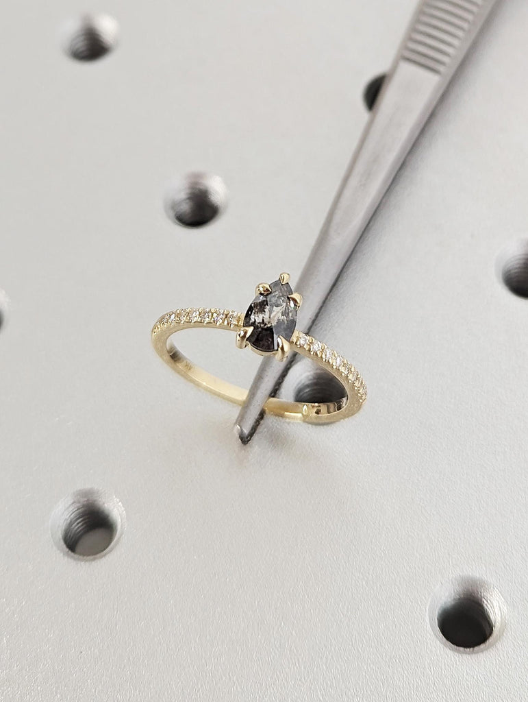 14K Yellow Gold Salt and Pepper Pear Diamond Engagement, Rose Cut Center Black Diamond Pavé Band, Unique Alternative Jewelry