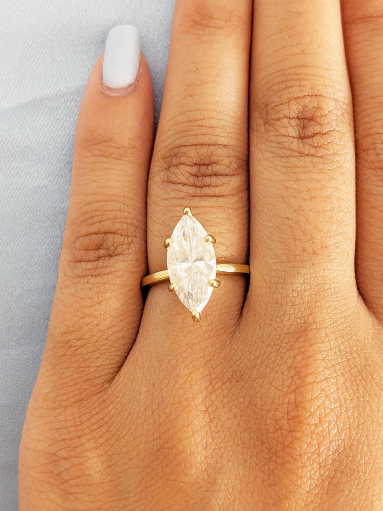 Vintage Lab Created Diamond Ring, Marquise Engagement Ring, Big Statement Ring, Hidden Halo Ring, Dainty 18k Gold Ring, Promise Ring for Her image #1