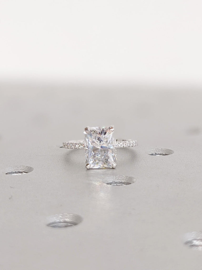 Lab Grown Radiant Cut Engagement Ring: Hidden Halo Solitaire with Eternity Band Style