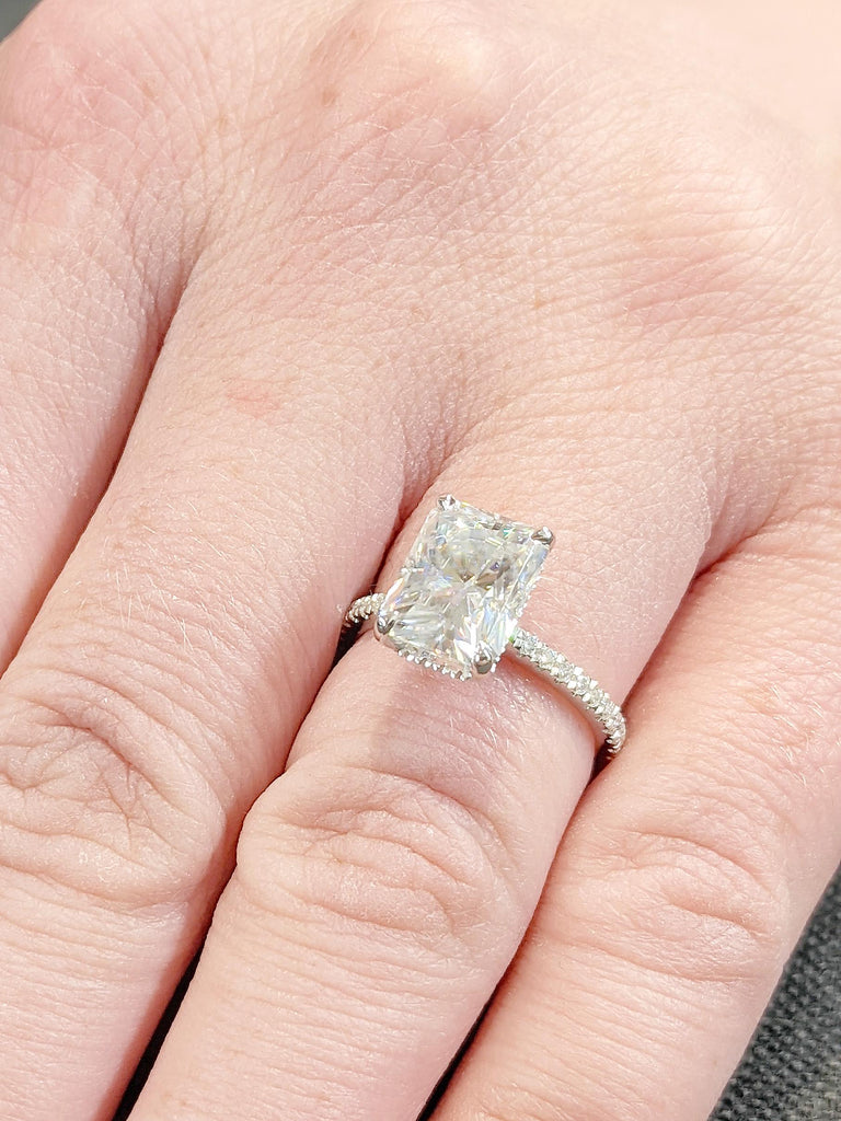 Lab Grown Radiant Cut Engagement Ring: Hidden Halo Solitaire with Eternity Band Style