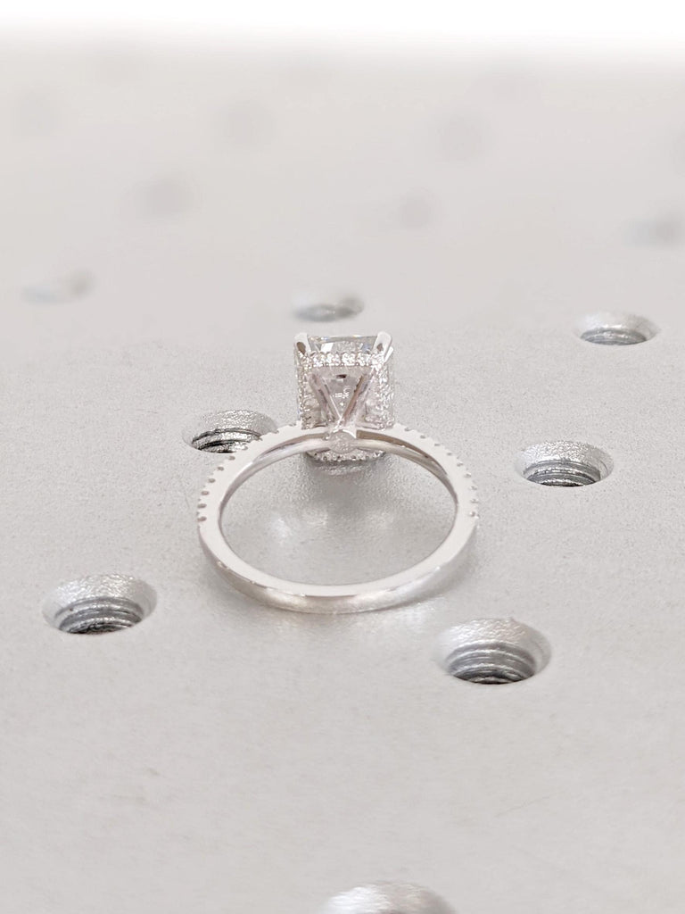 14K White Gold Moissanite Engagement Ring | Unique Radiant Cut Wedding Ring | Diamond Accent Hidden Halo Ring | Solitaire Engagement Ring