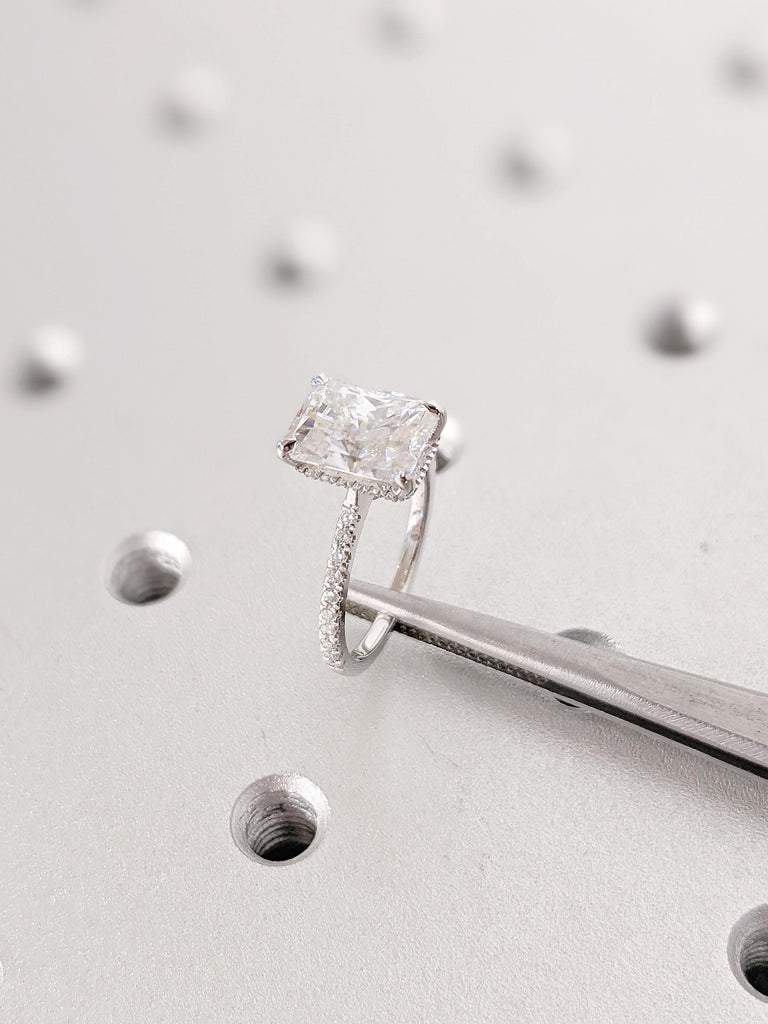 Radiant Cut Moissanite Engagement Ring: Diamond Accent Hidden Halo Solitaire