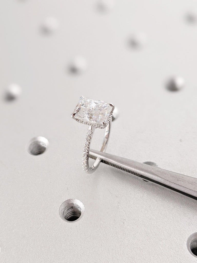 14K White Gold Moissanite Engagement Ring | Unique Radiant Cut Wedding Ring | Diamond Accent Hidden Halo Ring | Solitaire Engagement Ring