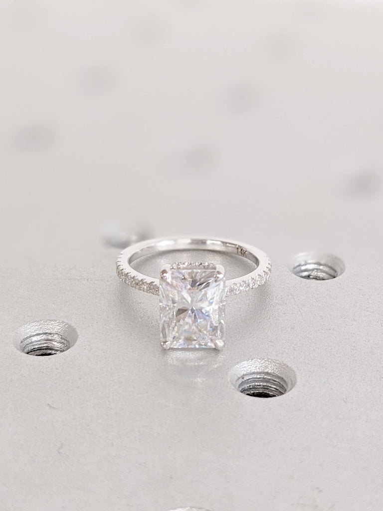 Radiant Cut Moissanite Engagement Ring: Diamond Accent Hidden Halo Solitaire
