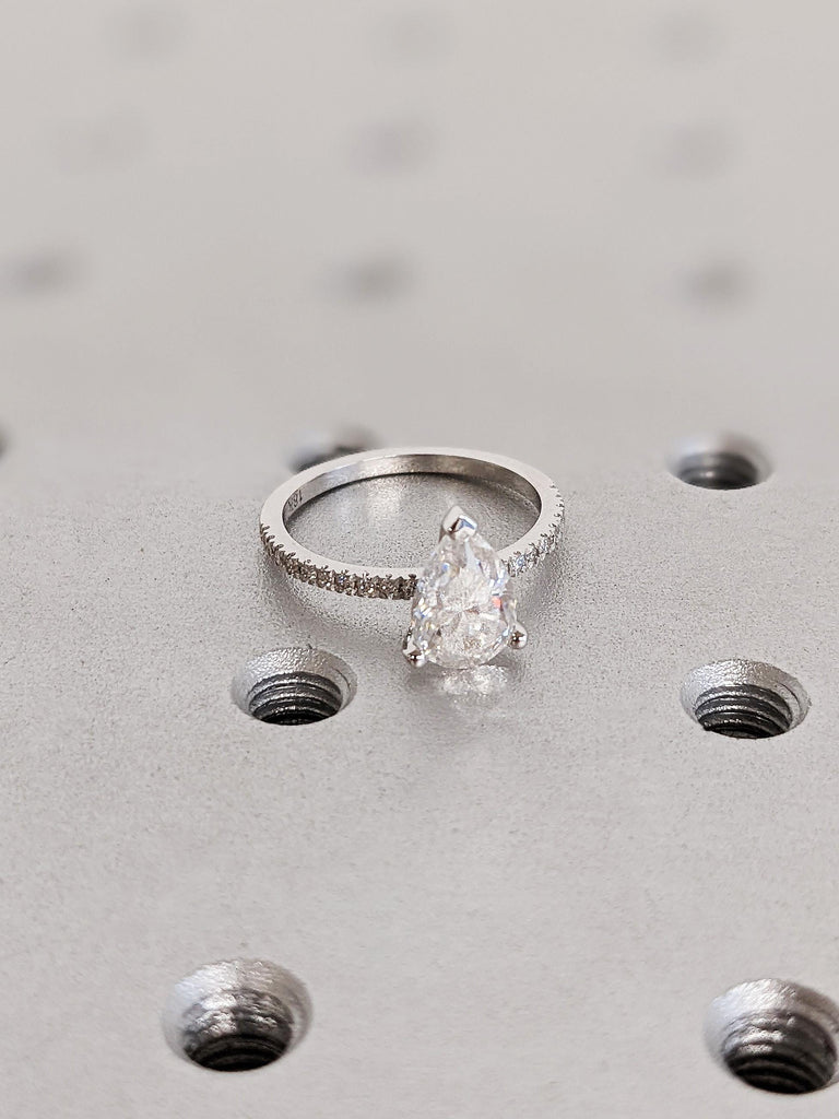 18K White Gold Pear Cut Moissanite Engagement Ring, Dainty White Diamond Pavé Band, Custom Bridal Ring, Wedding Anniversary Gift For Her