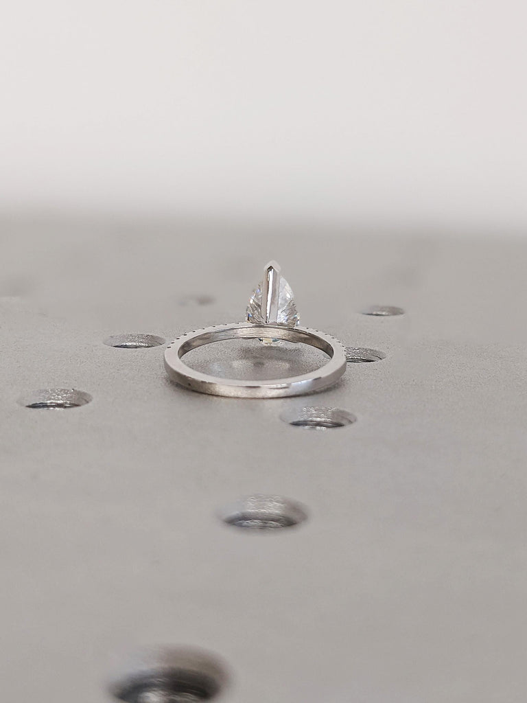 18K White Gold Pear Cut Moissanite Engagement Ring, Dainty White Diamond Pavé Band, Custom Bridal Ring, Wedding Anniversary Gift For Her