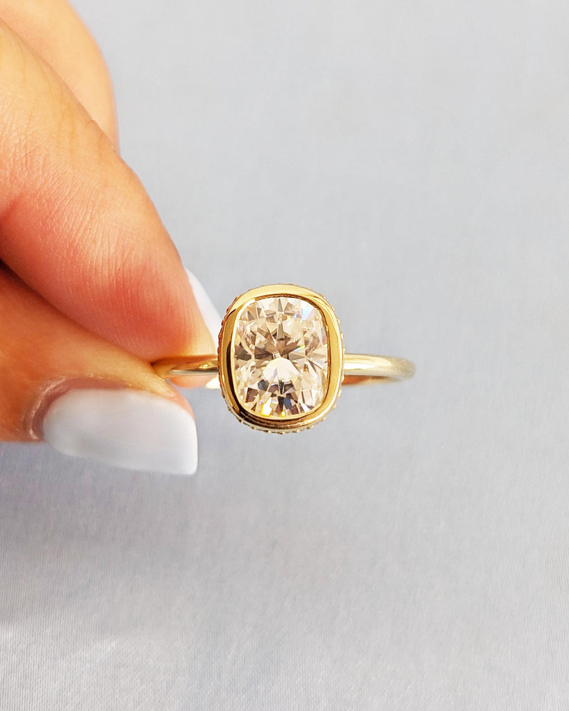 Cushion Cut Moissanite Wedding Ring with Hidden Halo, Bezel Set Engagement Ring, Dainty Art Deco Solitaire Ring, 14K Yellow Gold