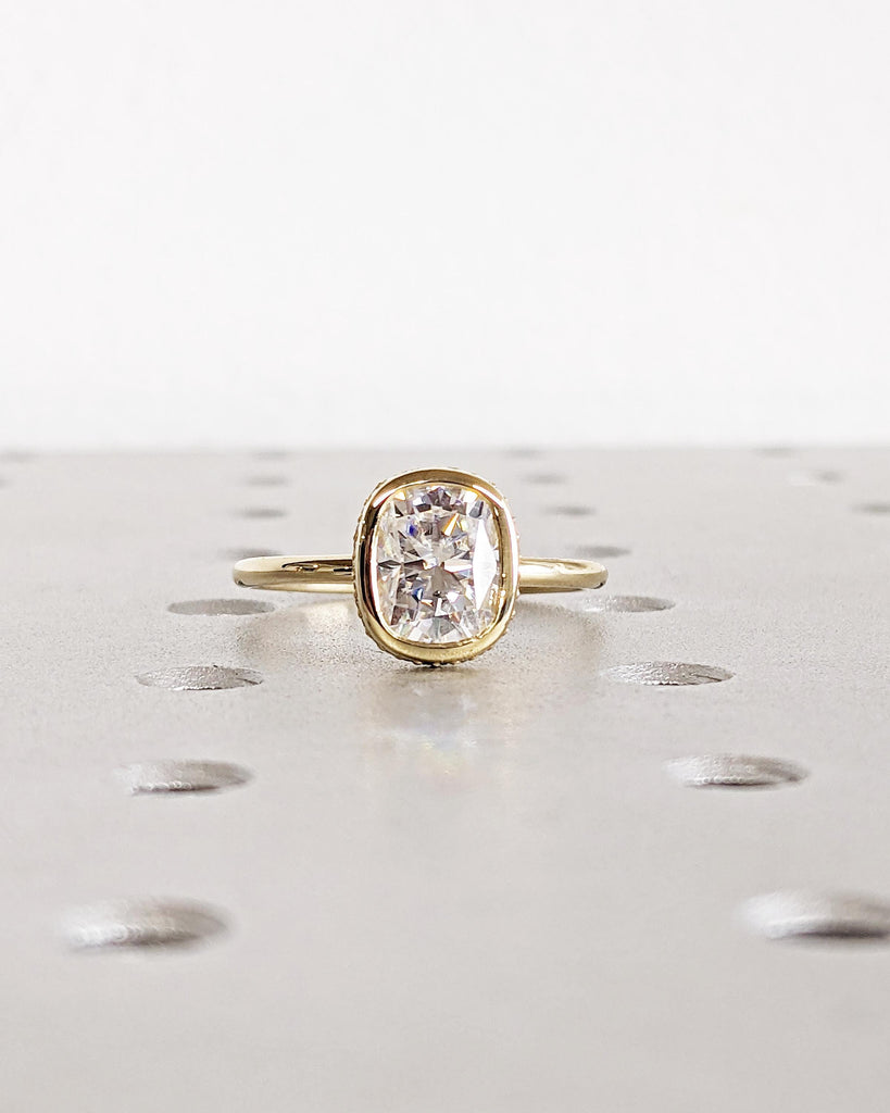 Excellent Cushion Cut Moissanite Ring, Bezel Setting Solitaire Ring, 14K Yellow Gold Wedding Bezel Ring, Hidden Halo Engagement Ring For Her