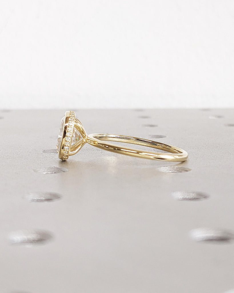 Bezel Set Cushion Lab Grown Diamond Wedding Anniversary Ring, 14K Yellow Gold Diamond Hidden Halo Statement Ring, Gold Promise Ring for Wife