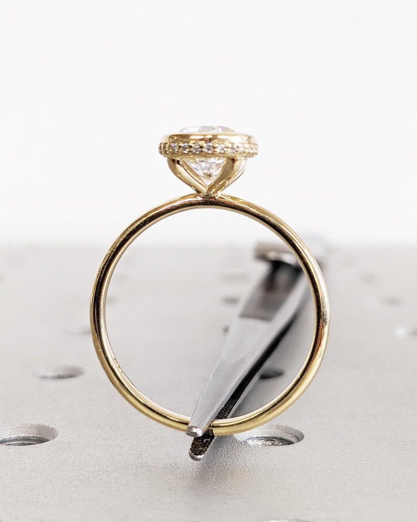 Bezel Set Cushion Lab Grown Diamond Wedding Anniversary Ring, 14K Yellow Gold Diamond Hidden Halo Statement Ring, Gold Promise Ring for Wife