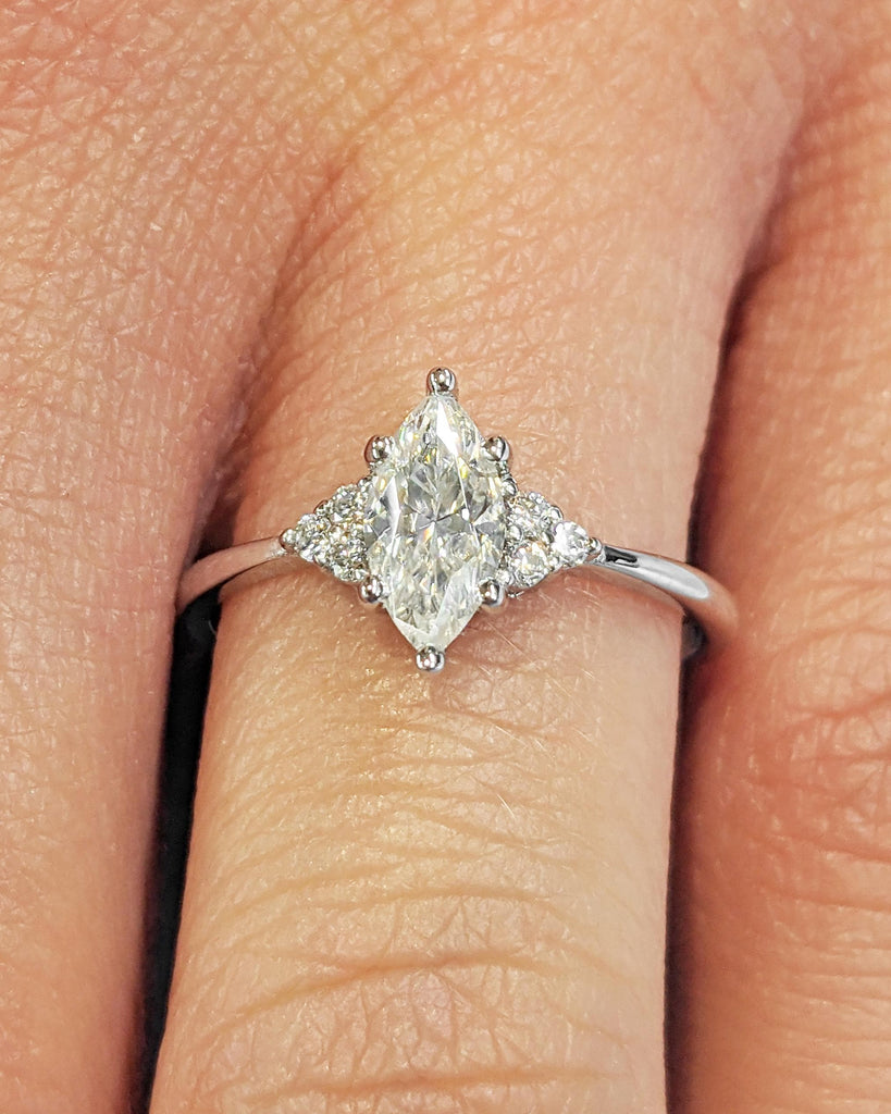 14K White Gold Marquise Moissanite Engagement Ring, Art Deco Marquise Solitaire Promise Ring, Vintage Wedding Ring, Moissanite Cluster Ring