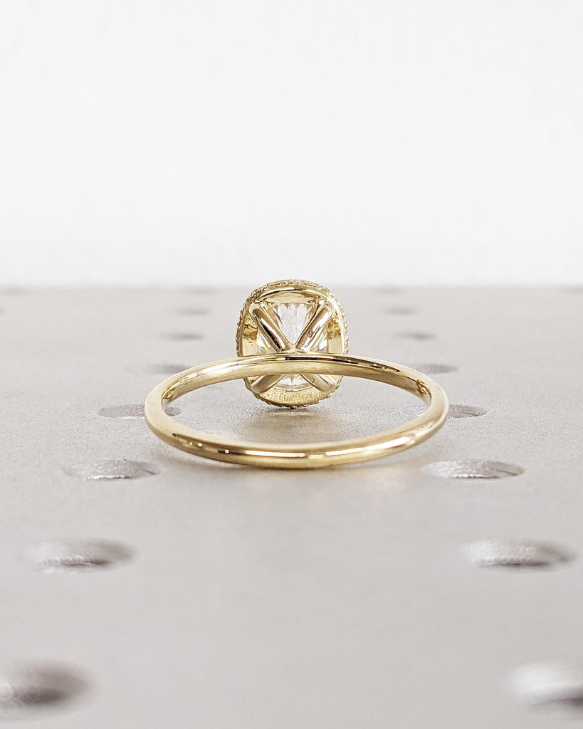 2ct Cushion Cut Lab Grown Diamond Promise Ring: Bezel Setting with Lab Diamond Hidden Halo Engagement Ring in Solid 14K Yellow Gold