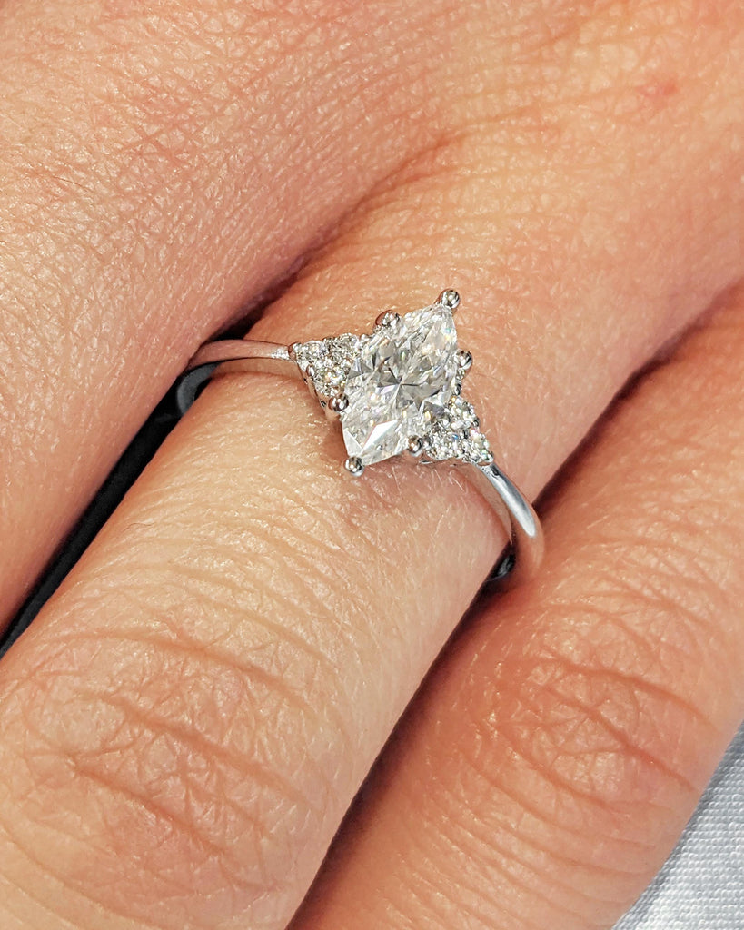 14K White Gold Marquise Lab Diamond Engagement Ring / Art Deco Marquise Solitaire Promise Ring / Vintage Wedding Ring / Diamond Cluster Ring