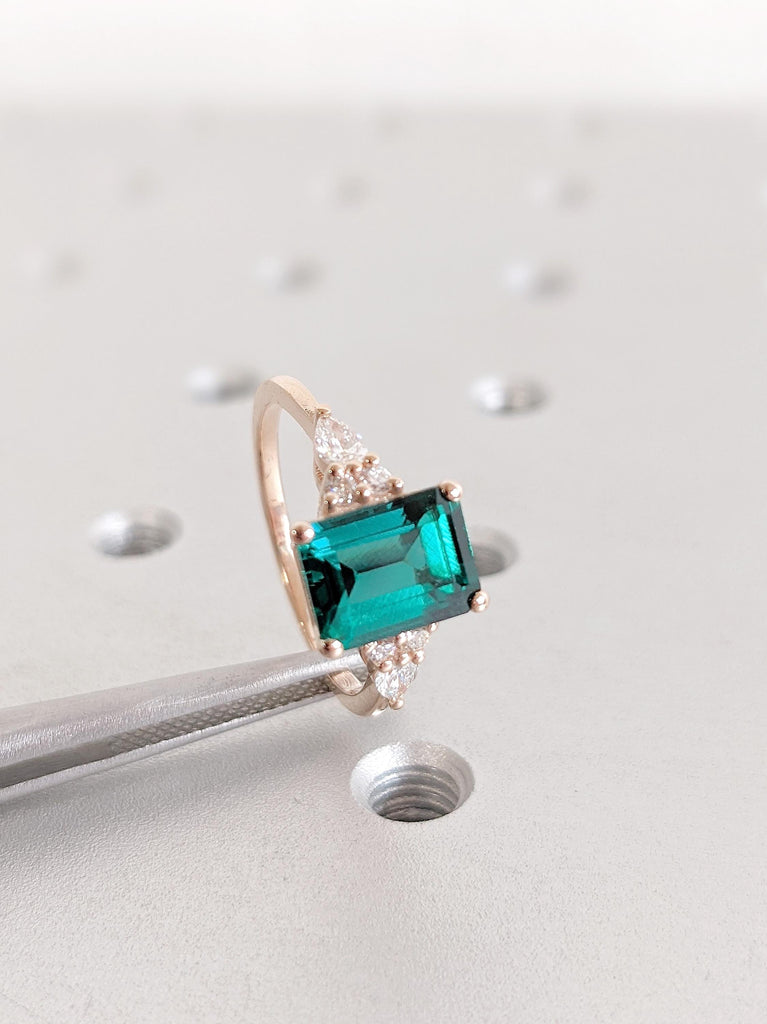 Lab Grown Emerald Engagement Ring, Vintage Emerald Cut Emerald Wedding Ring, 14K Rose Gold Art Deco Ring, Elegant Diamond Accent Ring Design