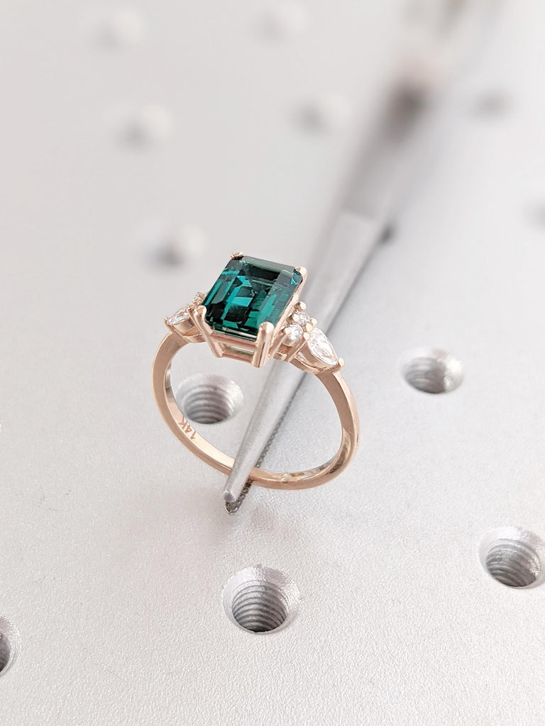 Lab Grown Emerald Engagement Ring, Vintage Emerald Cut Emerald Wedding Ring, 14K Rose Gold Art Deco Ring, Elegant Diamond Accent Ring Design
