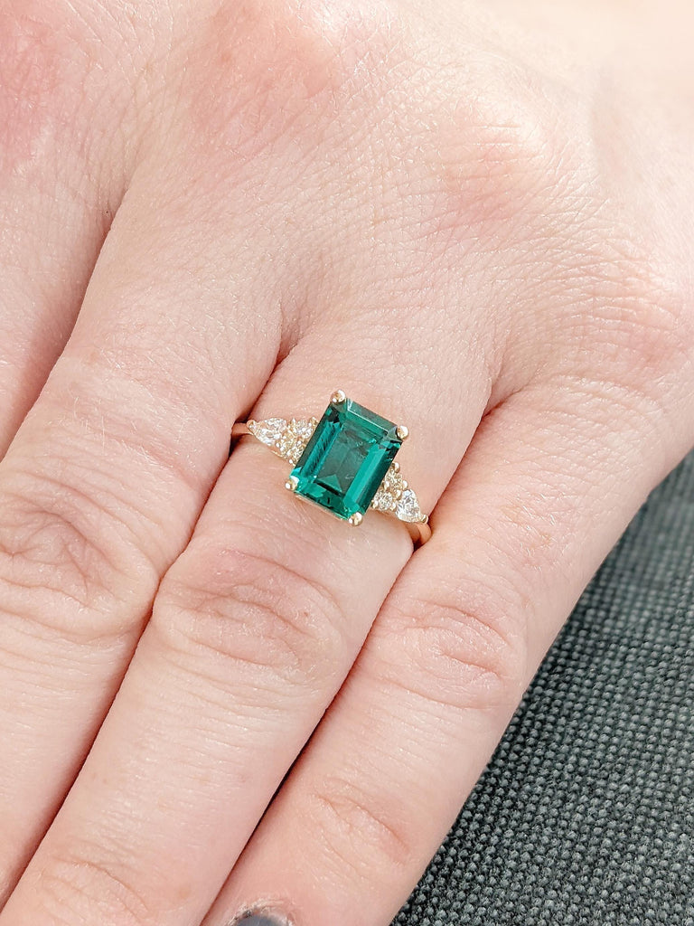 Lab Grown Emerald Engagement Ring, Vintage Emerald Cut Emerald Wedding Ring, 14K Rose Gold Art Deco Ring, Elegant Diamond Accent Ring Design