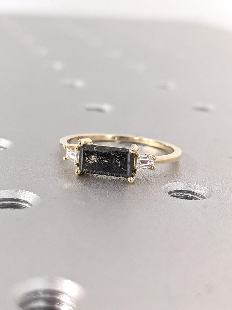 Unique Raw Salt and Pepper Galaxy Diamond Promise Anniversary Ring Gift for Wife | Three Stone Ring | Delicate Engagement Ring in 14k Gold