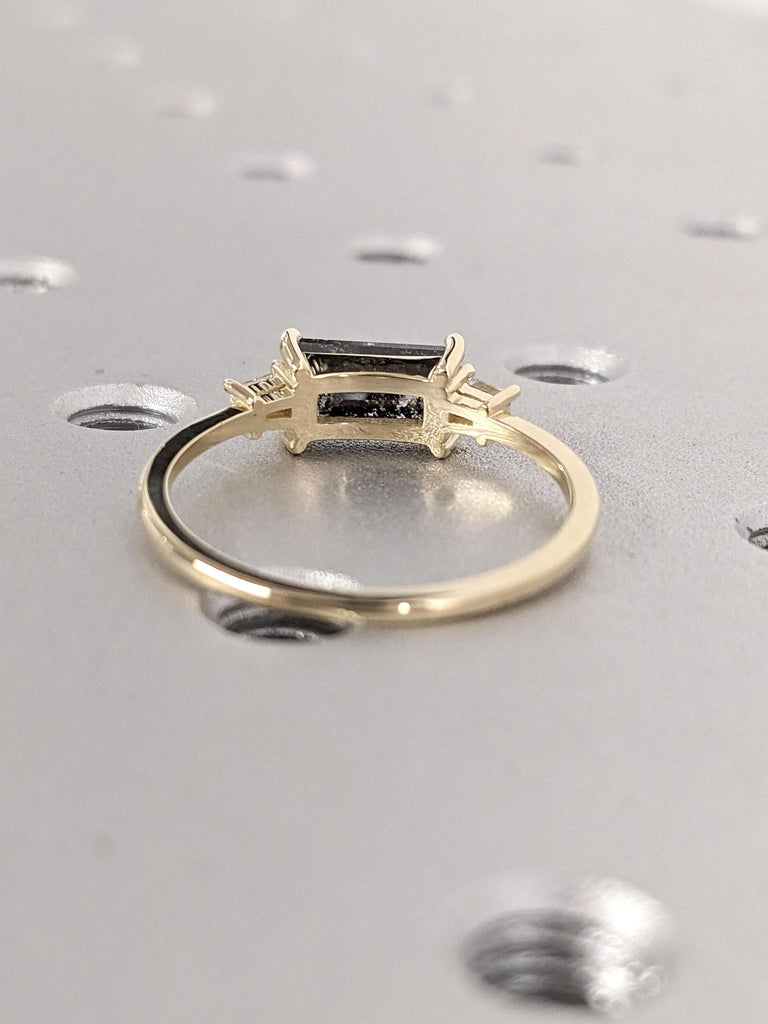 Genuine Diamond Baguette cut Engagement Ring | Salt and Pepper Galaxy Diamond Dainty Ring | 14k Yellow Gold Three Stone Wedding Ring for Her