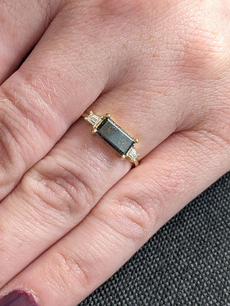 1ct Natural Black Diamond Engagement Ring | Baguette cut Ring 14k Gold Rings for Women | Salt and Pepper Diamond Ring
