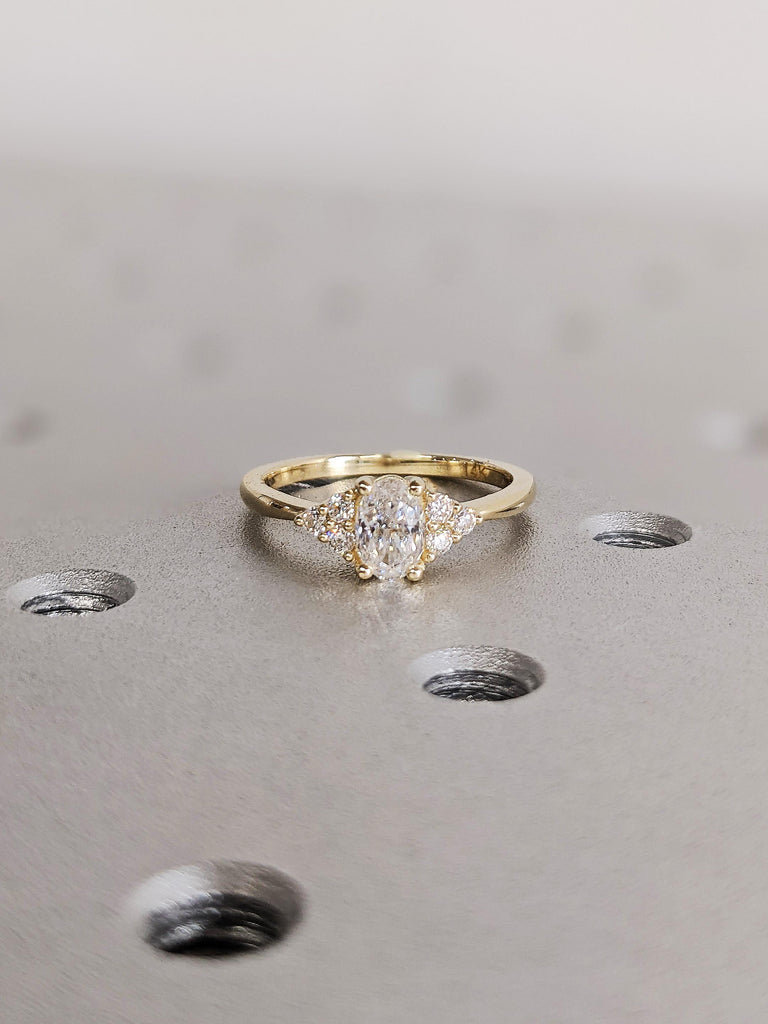 Vintage Oval Cut Lab Diamond Engagement Ring, Classic 14K Solid Yellow Gold Cluster Diamonds Wedding Band, Dainty White Diamond Promise Ring