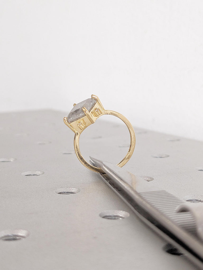 Princess Cut Salt and Pepper Diamond Engagement Ring, Dainty 18k Gold Ring, Solitaire Ring, Wedding Anniversary Ring, Birthday Gift for Her image #7
