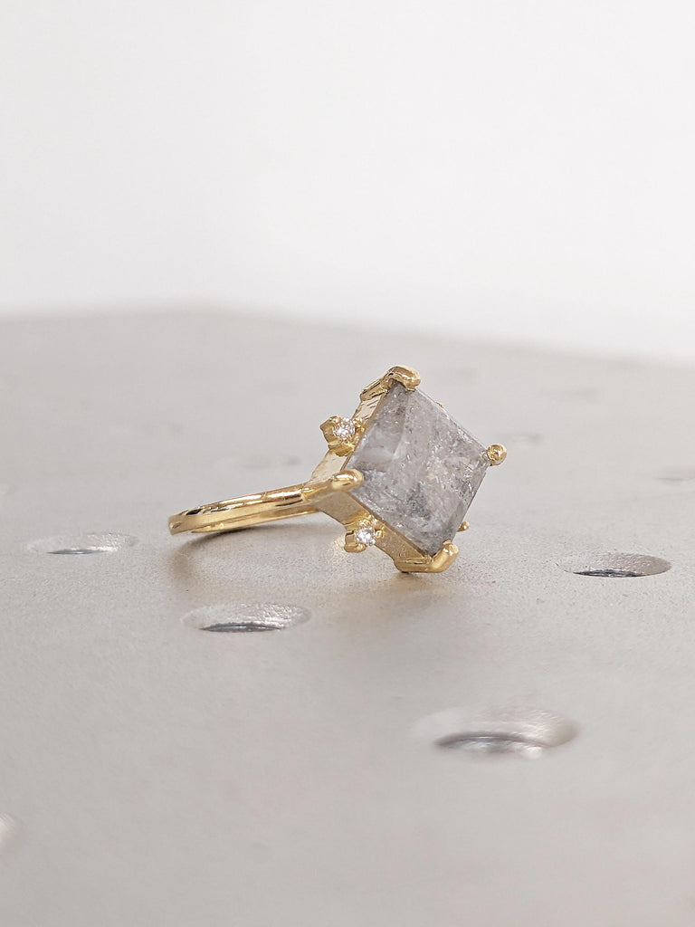 Princess Cut Salt and Pepper Diamond Engagement Ring, Dainty 18k Gold Ring, Solitaire Ring, Wedding Anniversary Ring, Birthday Gift for Her image #6