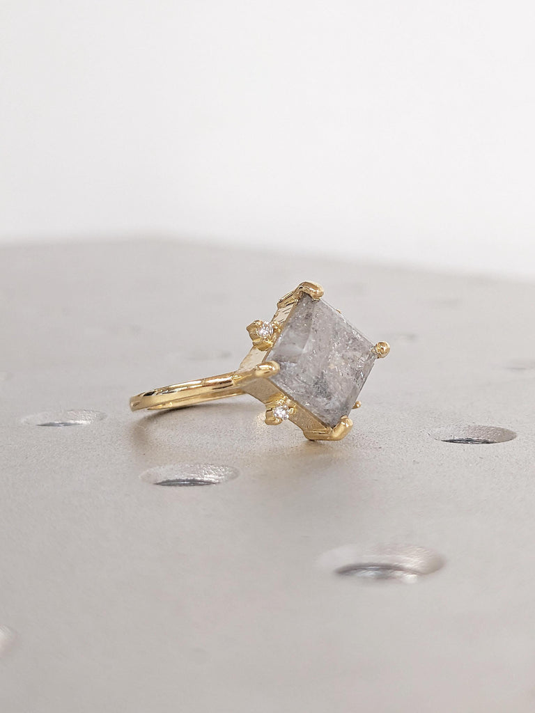 Princess Cut Salt and Pepper Diamond Engagement Ring, Dainty 18k Gold Ring, Solitaire Ring, Wedding Anniversary Ring, Birthday Gift for Her