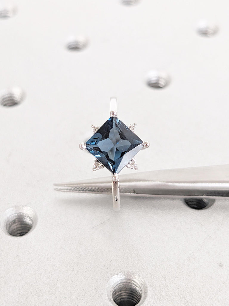 London Blue Topaz Engagement Ring, White Gold Ring, Blue Topaz Ring, Gemstone Ring, Princess Cut Solitaire Ring, December Birthstone Ring