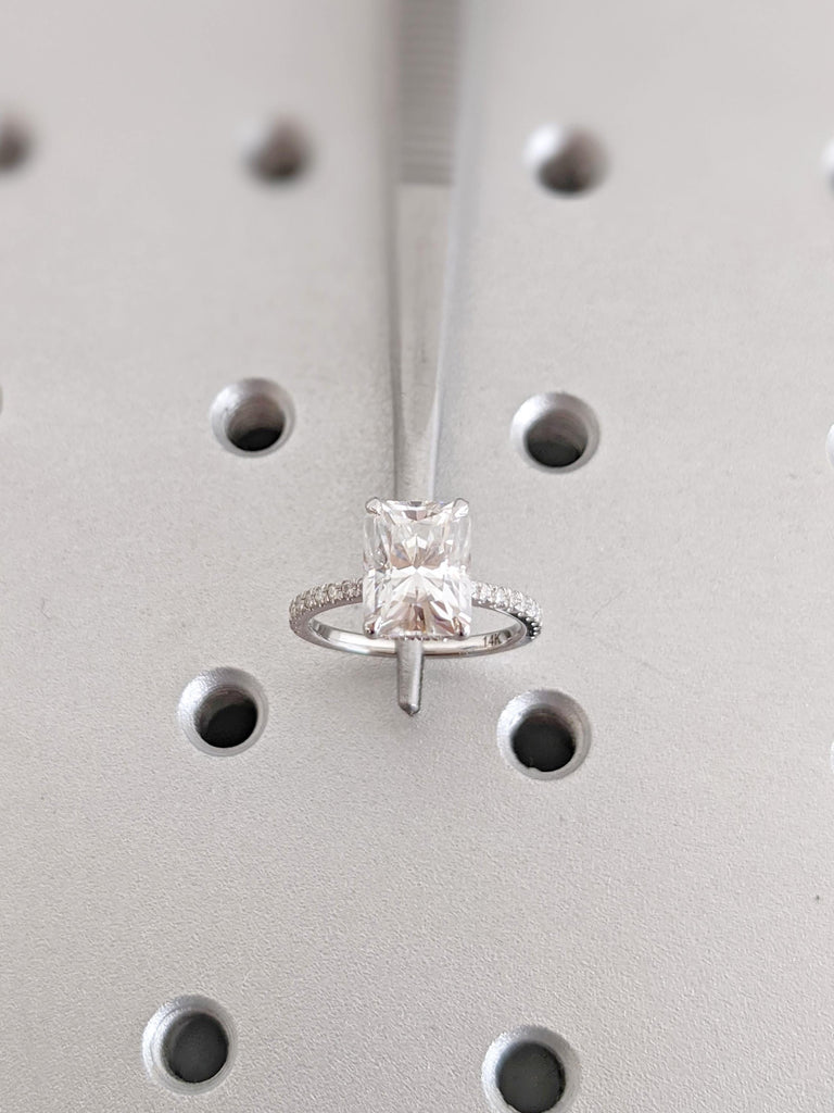 14K White Gold Moissanite Engagement Ring | Unique Radiant Cut Wedding Ring | Diamond Accent Hidden Halo Ring | Solitaire Engagement Ring