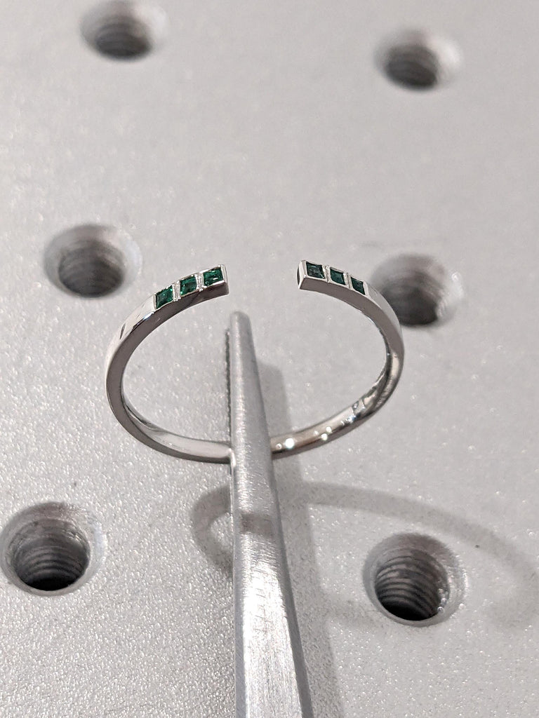 Princess cut Natural Emerald Ring | Platinum Wedding Jewelry | Thin Open Band Stacking Ring | May Birthstone