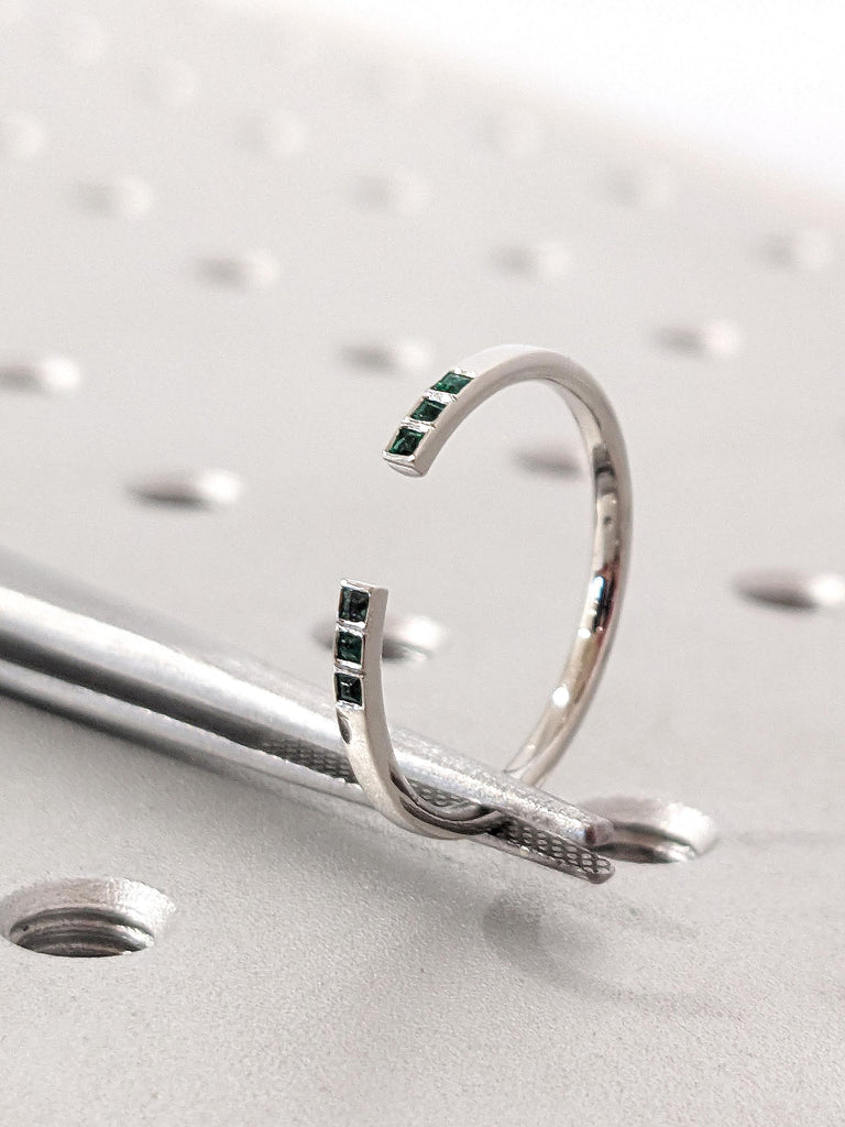 Princess cut Natural Emerald Ring | Platinum Wedding Jewelry | Thin Open Band Stacking Ring | May Birthstone