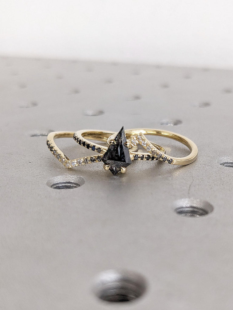 1 Carat Kite cut Black Diamond Engagement Ring Set | Black and White Diamond Ring | Salt and Pepper Diamond Ring | Bridal Set for Women