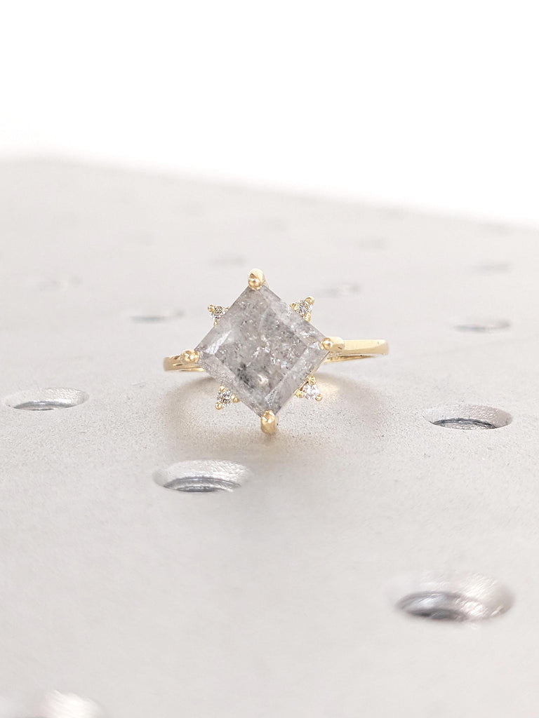 Princess Cut Salt and Pepper Diamond Engagement Ring, Dainty 18k Gold Ring, Solitaire Ring, Wedding Anniversary Ring, Birthday Gift for Her