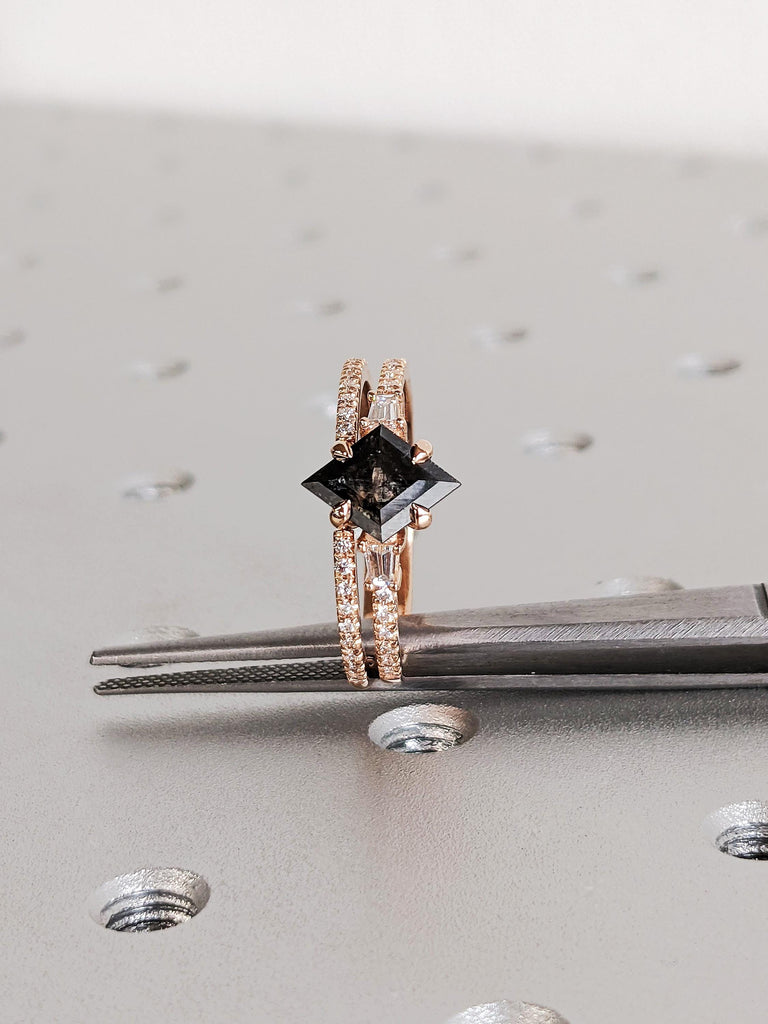Unique Kite Rhombus Cut Salt and Pepper Diamond Engagement Ring, 14K Solid Rose Gold White Diamond Pavé Band, Raw Salt & Pepper Bridal Set