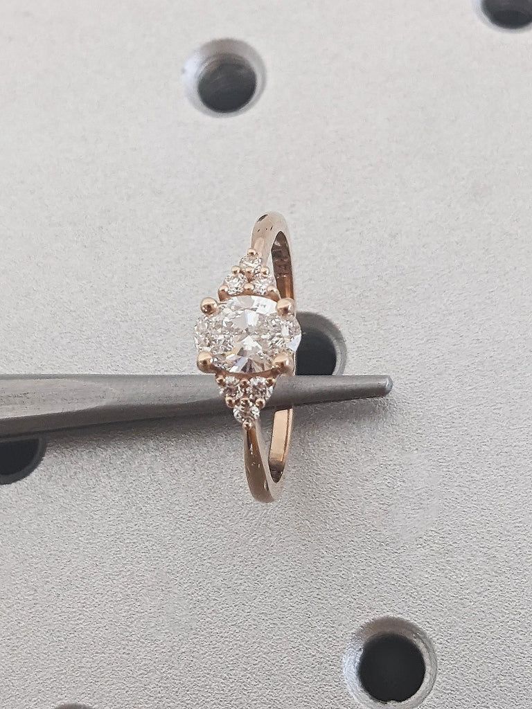Art Deco Lab Grown Diamond Cluster Wedding Ring, 14K Solid Rose Gold White Diamond Engagement Ring, Bridal Anniversary Oval Cut Lab Diamond