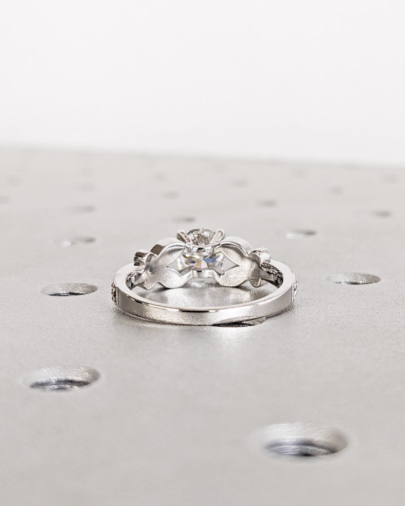 Gold Butterfly Engagement Ring: Nature Inspired Ring with Round cut Lab Grown Diamond, Vintage Milgrain Wedding Ring, Solid 14k White Gold