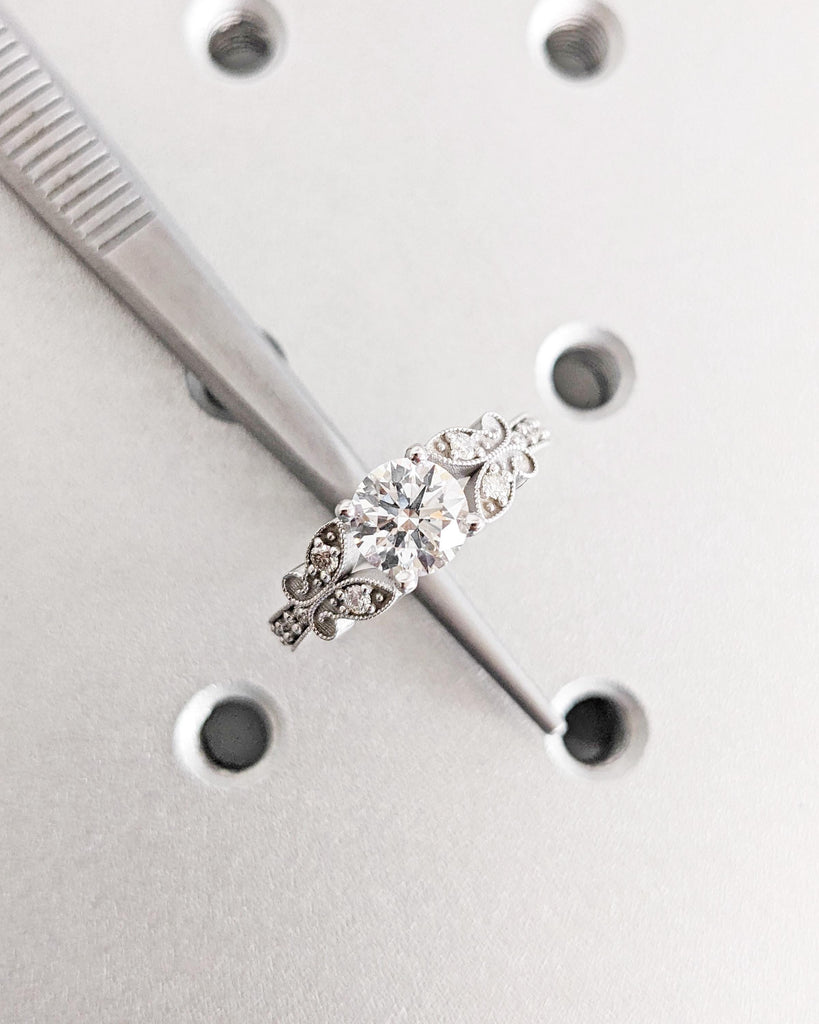 Gold Butterfly Engagement Ring: Nature Inspired Ring with Round cut Lab Grown Diamond, Vintage Milgrain Wedding Ring, Solid 14k White Gold