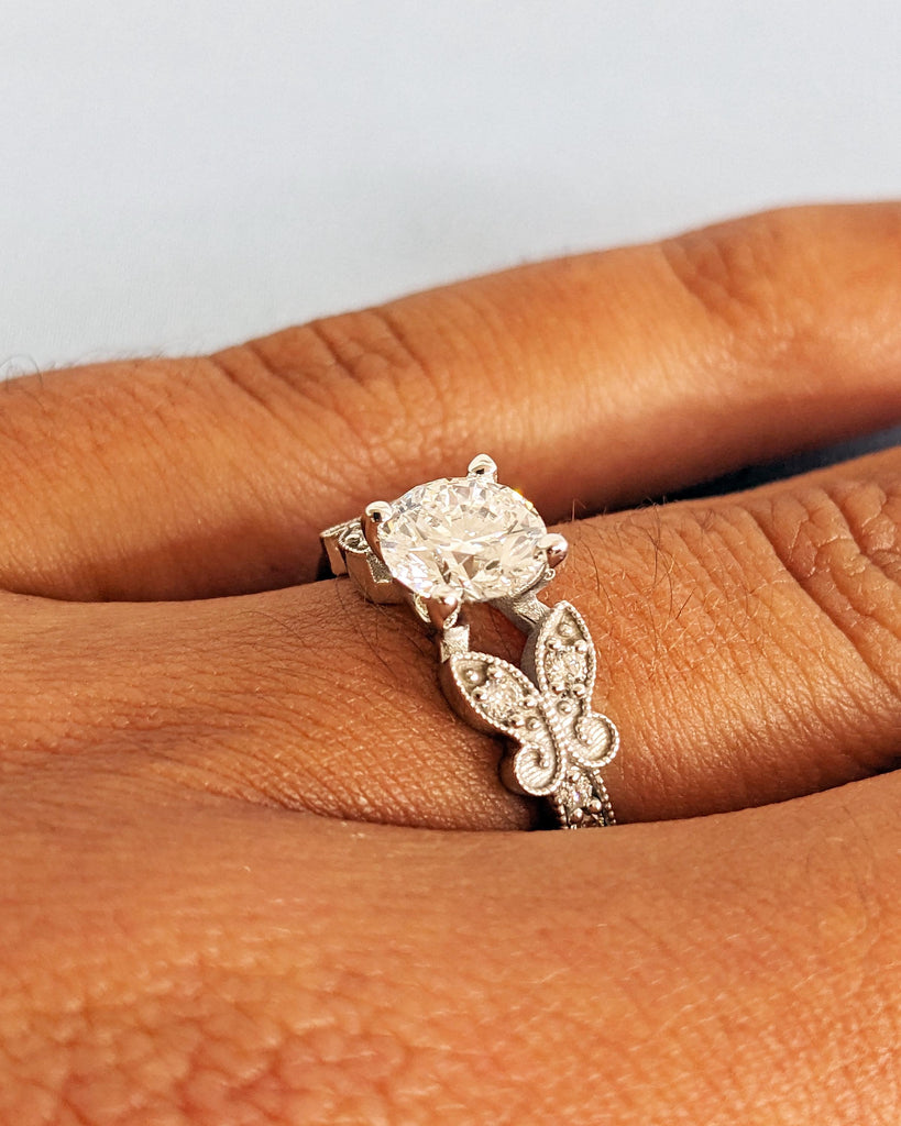 Gold Butterfly Engagement Ring: Nature Inspired Ring with Round cut Lab Grown Diamond, Vintage Milgrain Wedding Ring, Solid 14k White Gold