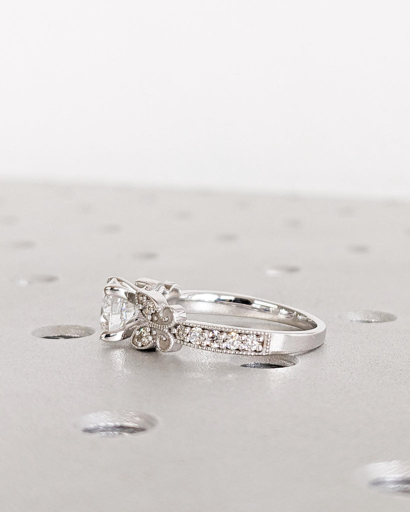 Vintage Round Moissanite Butterfly Engagement Ring | Art Deco Milgrain | Butterfly Ring | Nature Ring | Unique Promise Ring | 14K White Gold
