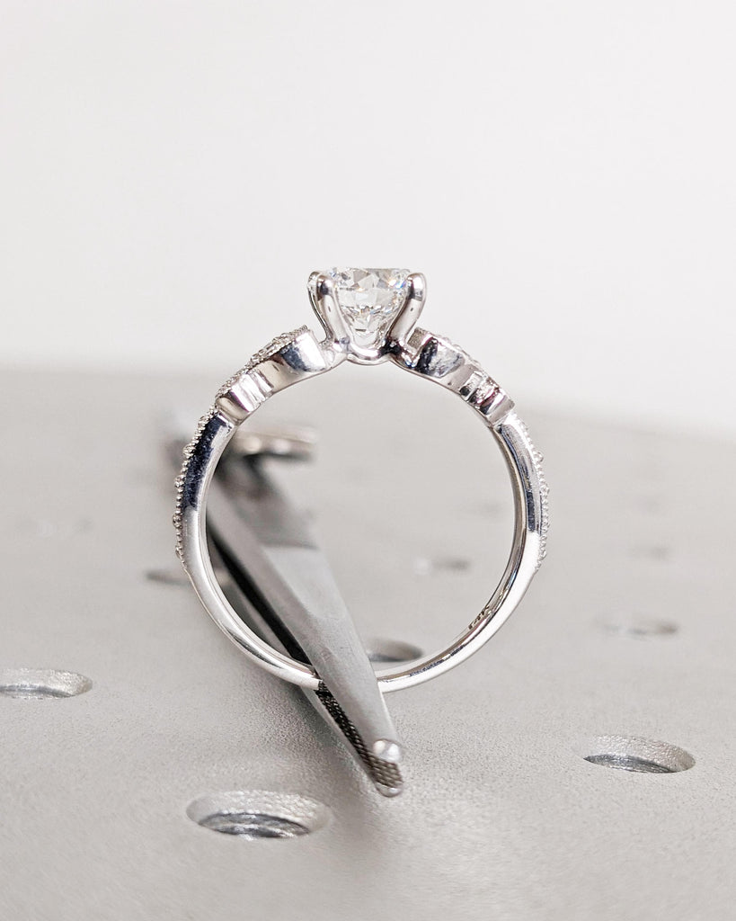 Vintage Round Moissanite Butterfly Engagement Ring | Art Deco Milgrain | Butterfly Ring | Nature Ring | Unique Promise Ring | 14K White Gold