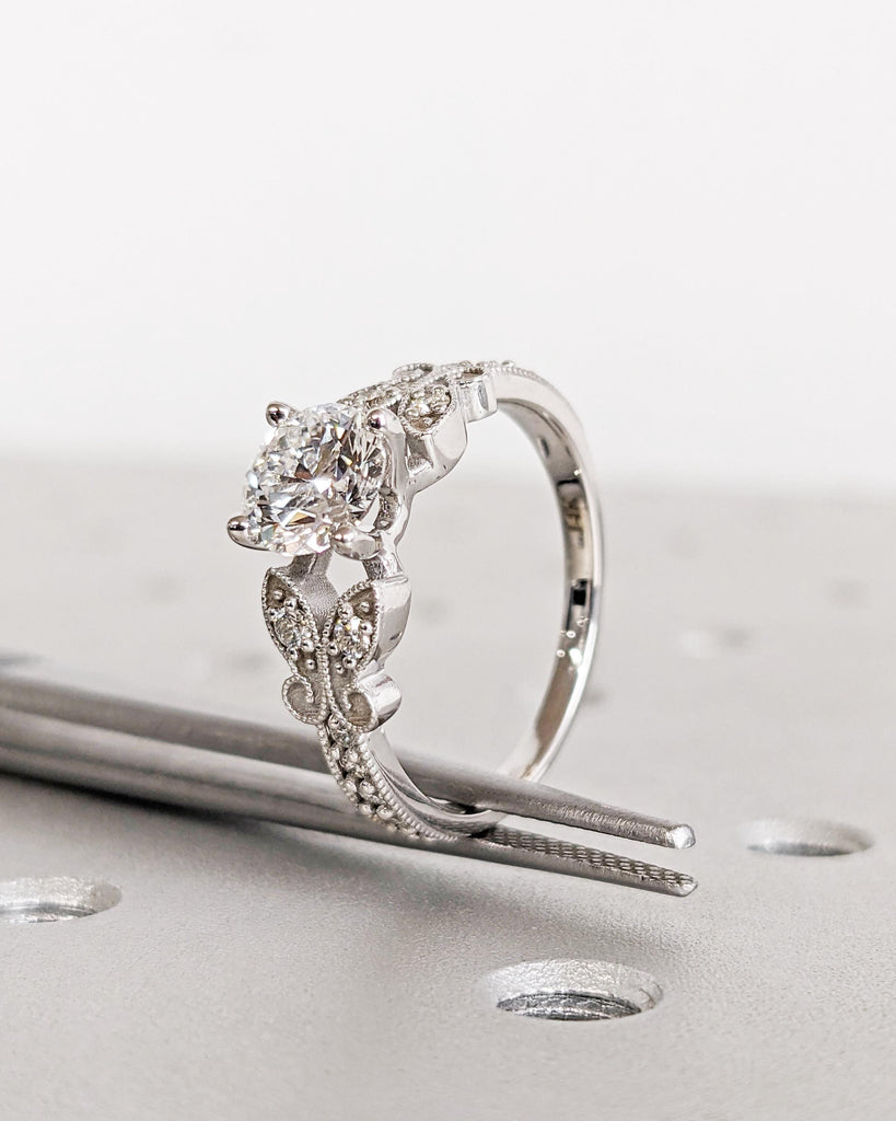 Nature-Inspired Butterfly Promise Ring, Round cut Moissanite, Art Deco Milgrain Butterfly Shape Ring, Solid 14K White Gold