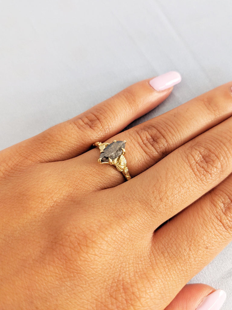 Vintage Salt and Pepper Diamond Ring, Nature Inspired Engagement Ring, 14k Solid Gold Statement Ring, Floral Ring, Marquise Ring, Leaf Ring