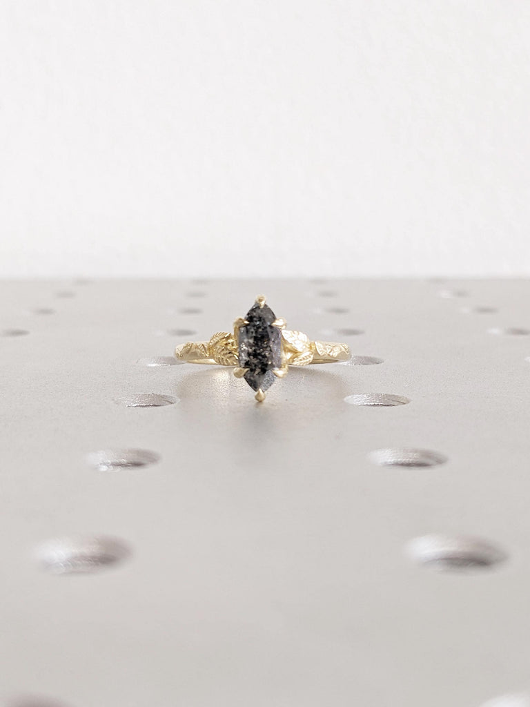 Vintage Salt and Pepper Diamond Ring, Nature Inspired Engagement Ring, 14k Solid Gold Statement Ring, Floral Ring, Marquise Ring, Leaf Ring