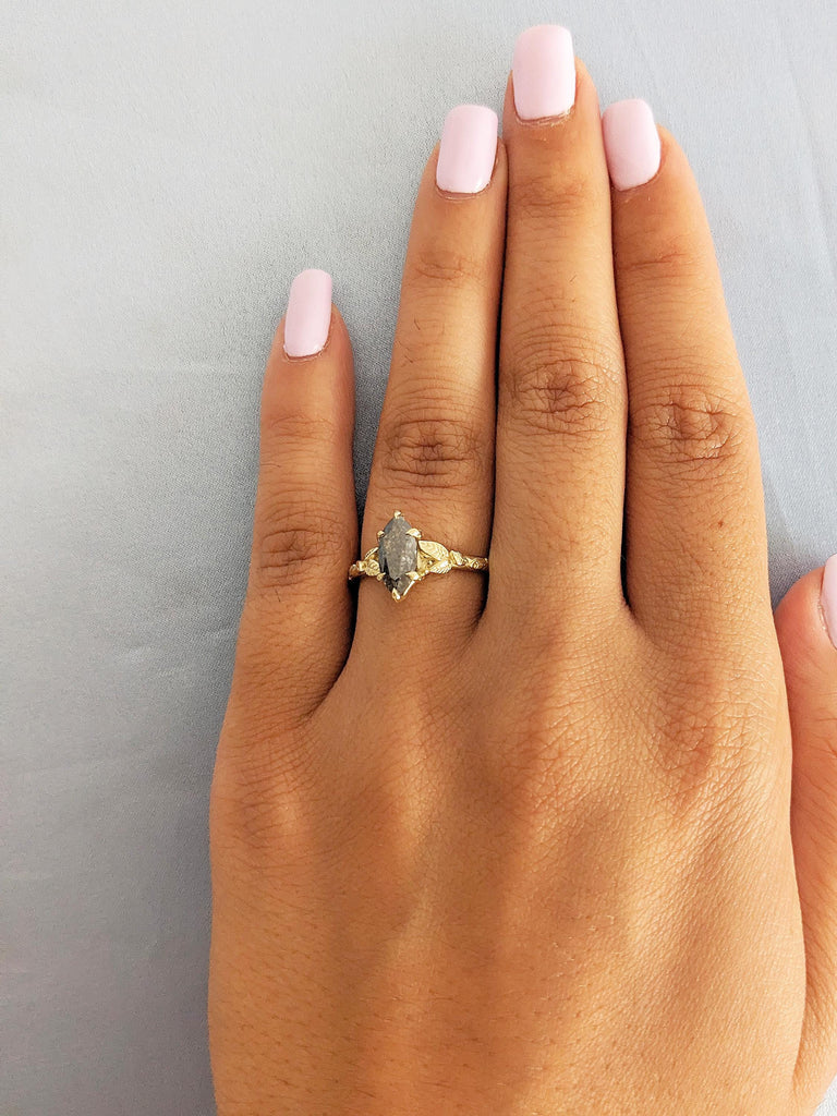14k Solid Gold Statement Ring, Floral Ring, Marquise Ring, Leaf Ring
